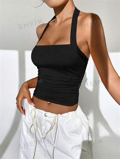 SHEIN EZwear Summer Black Y2k Solid Ruched Halter Top Date Night Tops