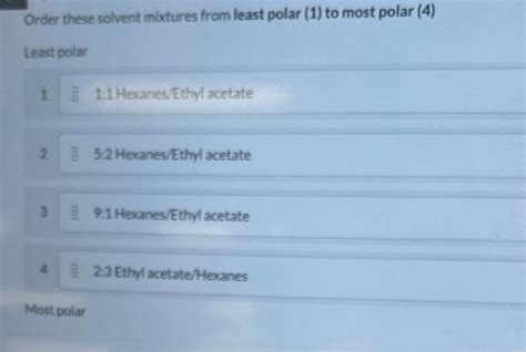 Solved Order these solvent mixtures from least polar (1) to | Chegg.com