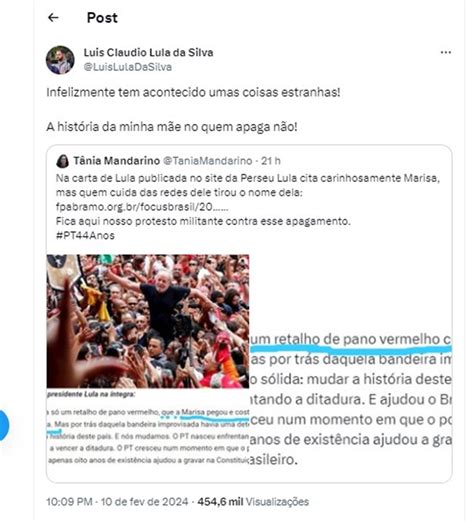 Filho reclama de retirada do nome de Marisa e post de Lula é editado