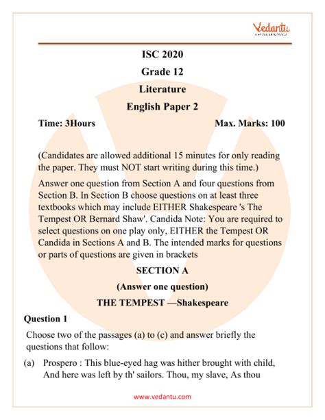 Sample Paper For Class 12 Isc English Literature 2021 Exampless Papers