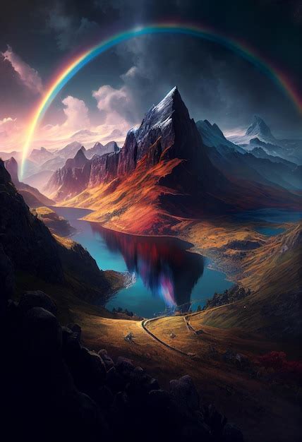 Impresionantes vistas de paisajes de montaña con arco iris al amanecer