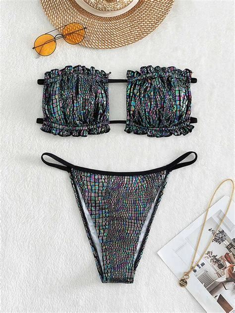 Bikini métallique à ruchés à plis Mode en ligne SHEIN FRANCE