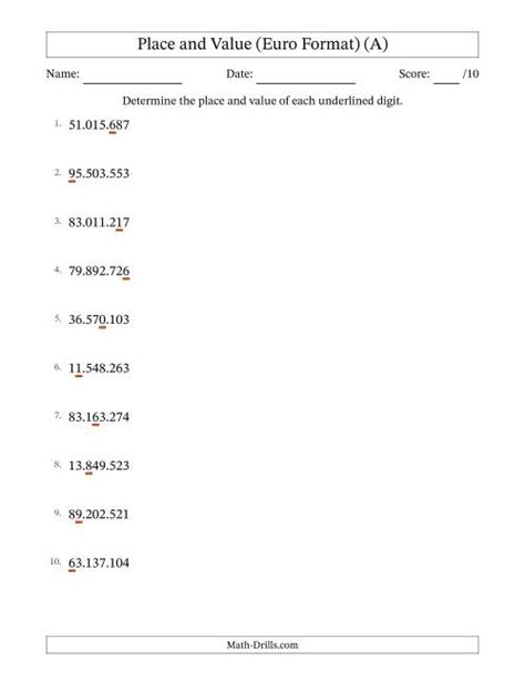 Euro Format Determining Place And Value From Ones To Ten Millions A