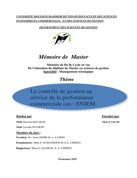 Memoire Final Contole De Gestion Sp Cialit Management Strat Gique