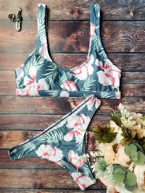 16 49 U Neck Floral Bikini Set GREEN S Bikinis Floral Bikini Set