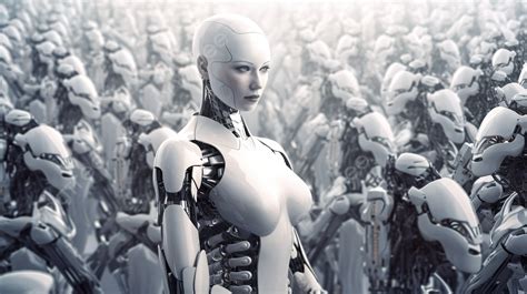 Futuristic Leadership Female Cyborg With Crossed Robot Arm And Army In 3d Rendering Background