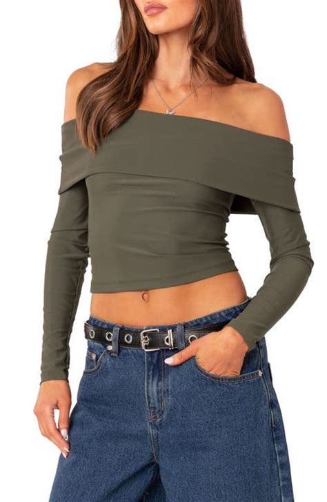 Edikted Brea Foldover Off The Shoulder Long Sleeve Crop Top Editorialist