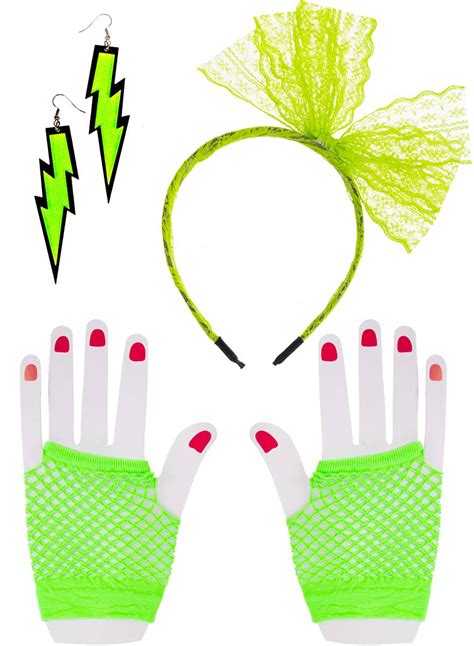 Green Neon 1980s Accessory Set Green 80s Gloves And Headband Kit