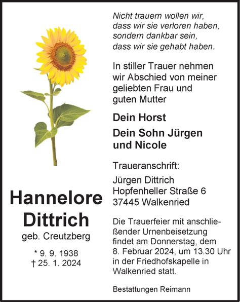 Traueranzeigen Von Hannelore Dittrich Harztrauer De