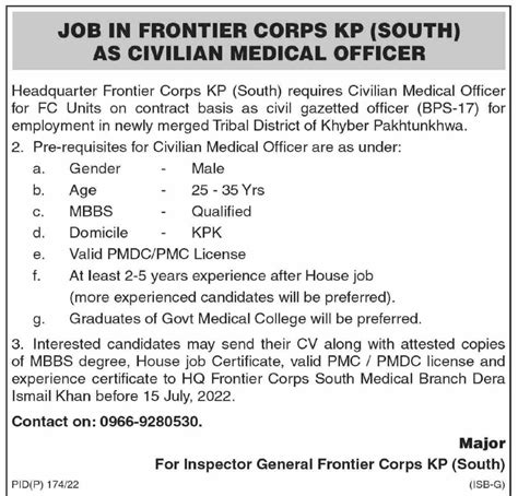 Frontier Corps Kp South Fc Jobs 2022 In Khyber Pakhtunkhwa