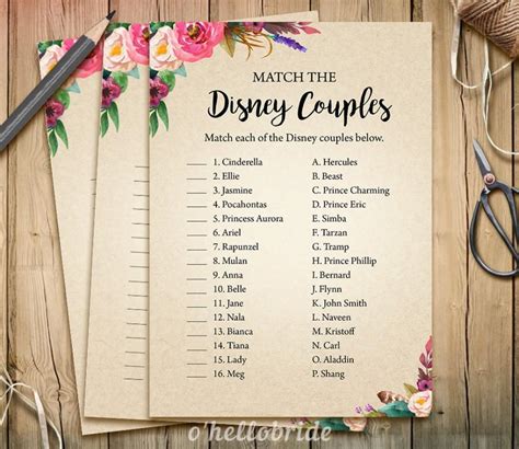 Disney Couples Match Game Printable Boho Bohemian Bridal Shower Love