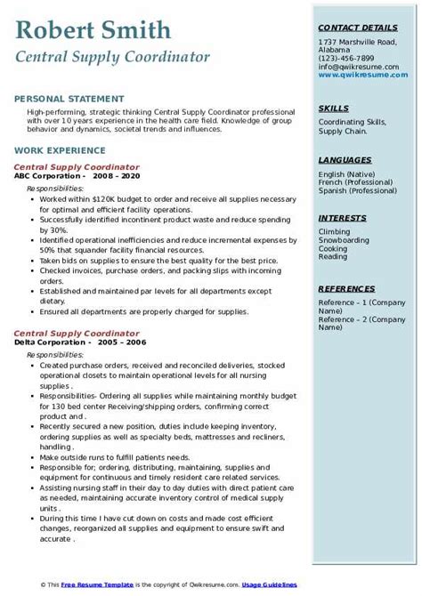 Central Supply Coordinator Resume Samples Qwikresume