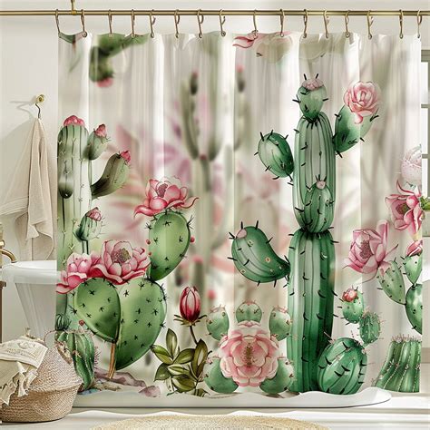 Watercolor Cactus Flower Shower Curtain Cute Cartoon Style Bathroom