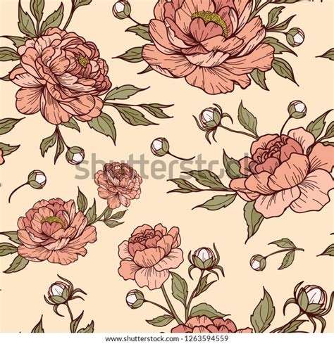 Vintage Peony Flower Buds Leaves Cartoonish Stock Vector Royalty Free