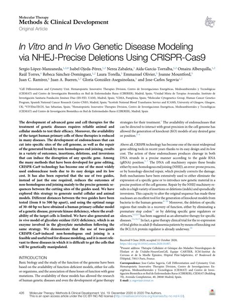 PDF In Vitro And In Vivo Genetic Disease Modeling Via NHEJ Precise