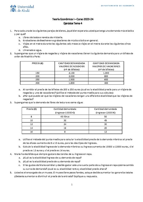 Ejercicios Del Tema 4 D E P A R T A M E N T O D E E C O N O M Í A 1 Teoría Económica I Curso