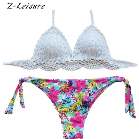 2016 Handmade Crochet Bikinis Swimwear Floral Print Swimsuit Sexy