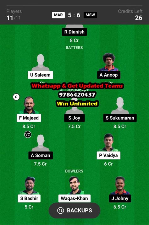 Mar Vs Msw Th Match Dream Team Fantasy Prediction