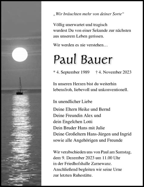 Traueranzeigen Von Paul Bauer Trauer Anzeigen De