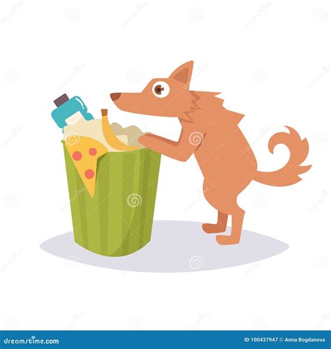 Stray Dog Rummaging In A Trash Can Stock Vector Illustration Of