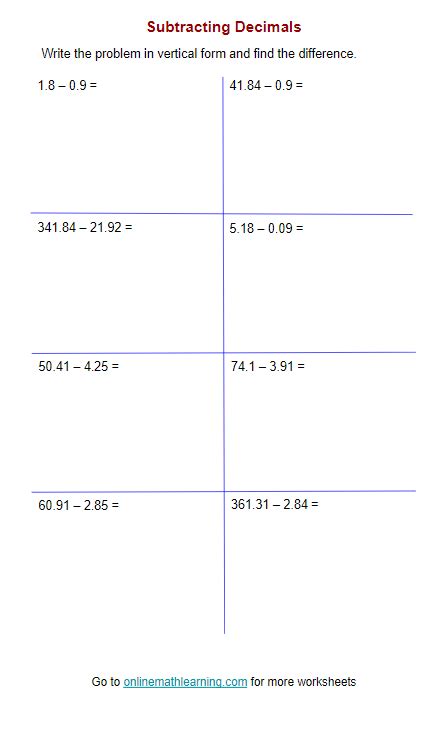 Subtracting Decimals Worksheets Answers Printable Online Grade