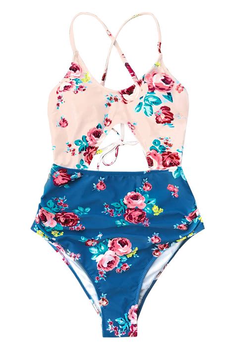 Cupshe Womens Pink Blue Floral Cutout One Piece Swimsuit Beachwear