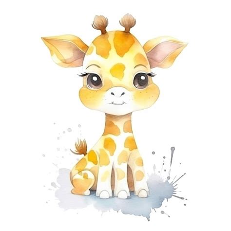 Um desenho em aquarela de uma girafa bebê que está sentada sobre um