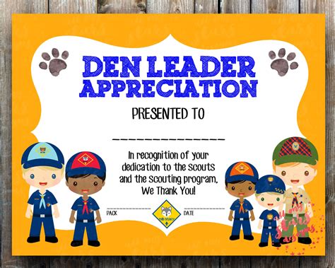 Cub Scout Den Leader Appreciation Award 85x11 Etsy