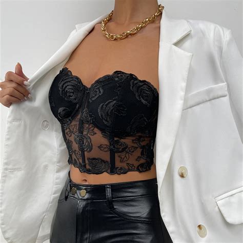 Yuhaotin Black Tank Top Women Lingerie Corset Lace Floral Bralette