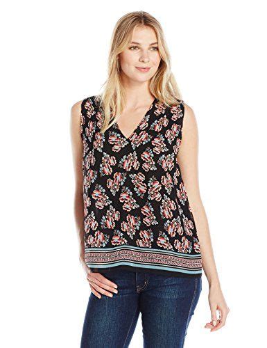 Lark Ro Womens Sleeveless V Neck Crimped Blouse Black Coral Dual