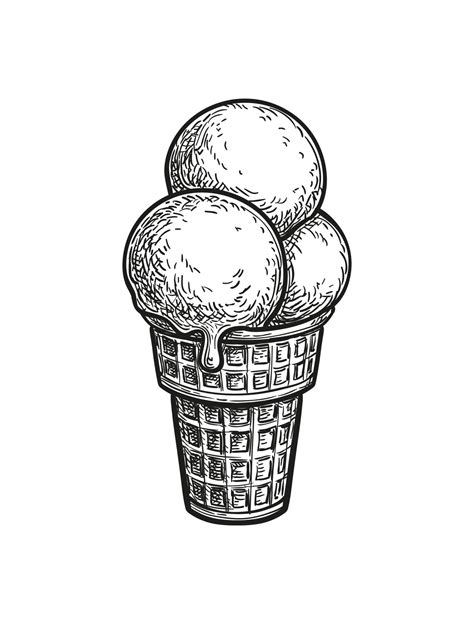 Three Scoops Of Ice Cream In A Waffle Cup Ink Sketch Isolated On White