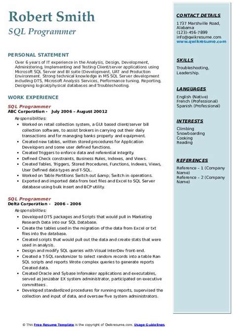 Sql Programmer Resume Samples Qwikresume