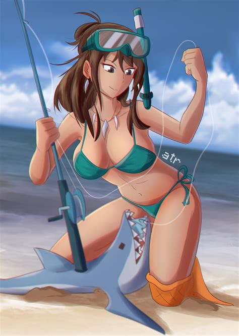 Rule 34 1girls Atr Beach Bikini Brown Hair Fishing Rod Goggles On