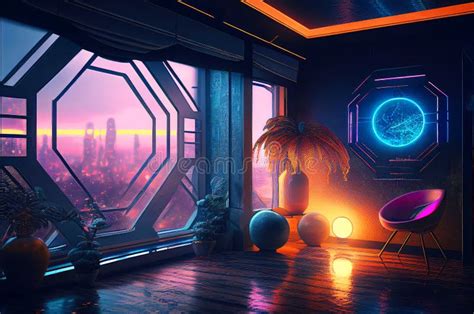 Futuristic Interior With Dystopian Cyberpunk Megapolis View Behind The