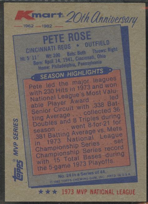 Topps Kmart Th Anniversary Nl Mvp Pete Rose Cincinnati