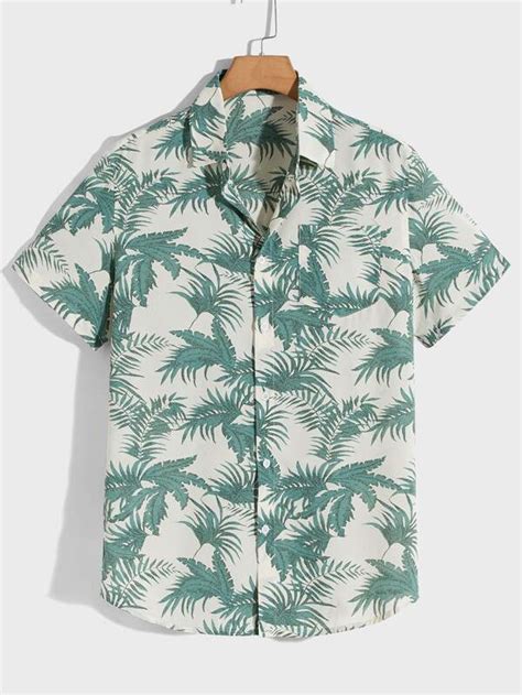 Shein Hombres Camisa Con Bolsillo Delantero Con Estampado Tropical