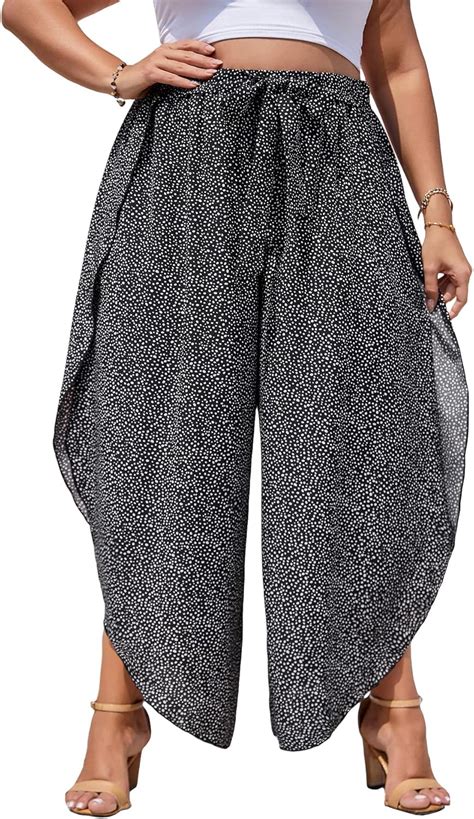 Wdirara Women S Plus Size Printed Tie Front Wide Leg Pants Asymmetrical