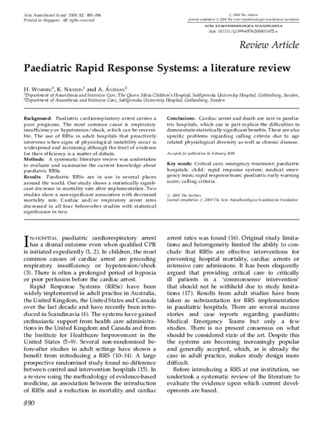 Pdf Paediatric Rapid Response Systems A Literature Review Anders