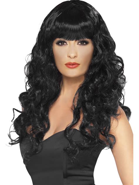 Black Womens Siren Wig Long Curly Fringe Vamp Gothic Devil Witch Halloween Abracadabra Fancy Dress