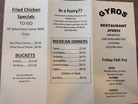 Gyros Xpress Menu Menu For Gyros Xpress New Berlin Milwaukee