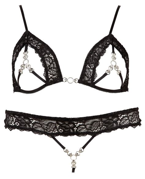 Ensemble Lingerie Noir Dentelle Et Strass Sur Mamelon Abierta Fina