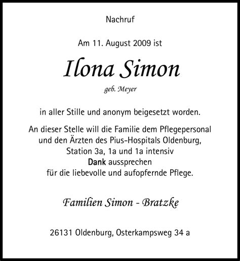 Traueranzeigen Von Ilona Simon Nordwest Trauer De