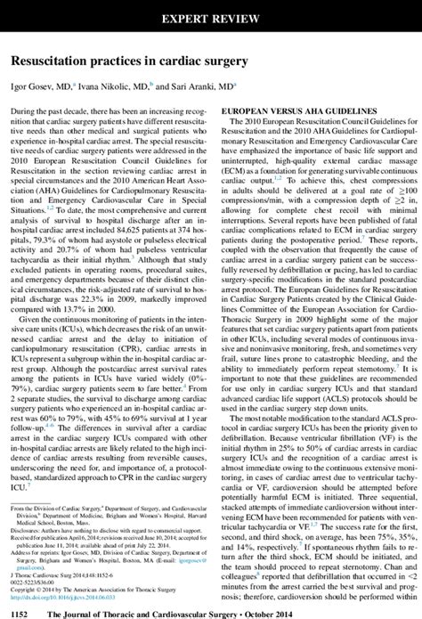 Resuscitation Practices In Cardiac Surgery The Journal Of Thoracic