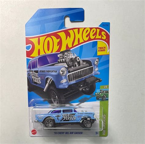 Hot Wheels 1 64 ‘55 Chevy Bel Air Gasser Blue Flipn Diecast