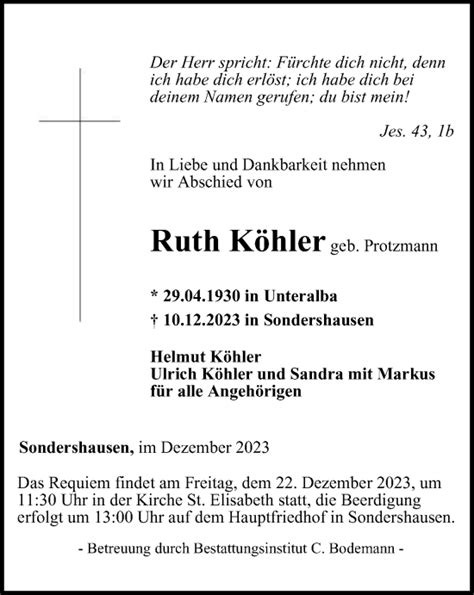 Traueranzeigen Von Ruth K Hler Trauer In Thueringen De