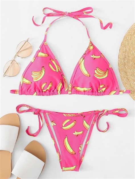 Banana Print Self Tie Bikini Set Shein Sheinside Bikini Swimwear