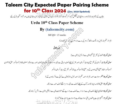 10th Class Urdu Pairing Scheme 2024 Punjab Boards Taleem City