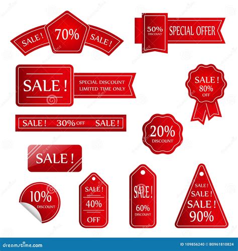 Set Of Red Discount Tickets Labels Stamps Stickers Corners Stock