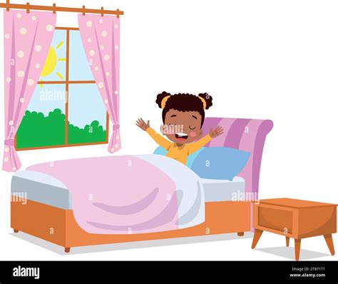 Happy Cute Little Kid Children Wake Up In The Morning Stock Vector