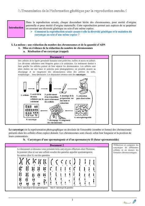 Solution Cours Transmission De Linformation Genetique Par La Reproduction Sexuee 2bac Sciences